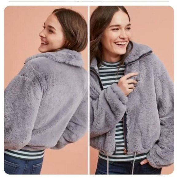 Anthropologie Siz M Bristol Faux Fur Jacket Blue Polyester Full Zip Soft Feel BI - Picture 2 of 9
